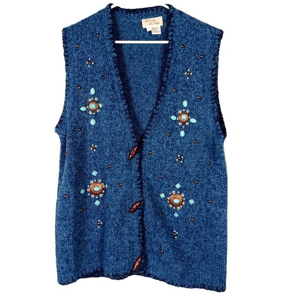 Vintage Lady Lilly Cardigan Embellished Bejeweled Knit Sweater Blue Size 2X - Picture 1 of 9